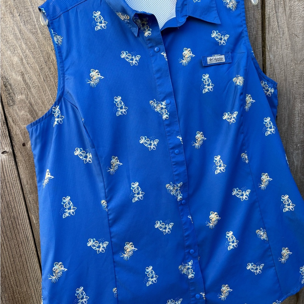 Columbia Omni Shield PFG Bright Royal Blue Sleeveless Shirt with Flower Detail